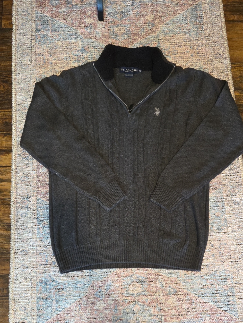 U.S. Polo Assn. Men's Charcoal Gray Quarter-Zip Sweater with Sherpa Collar